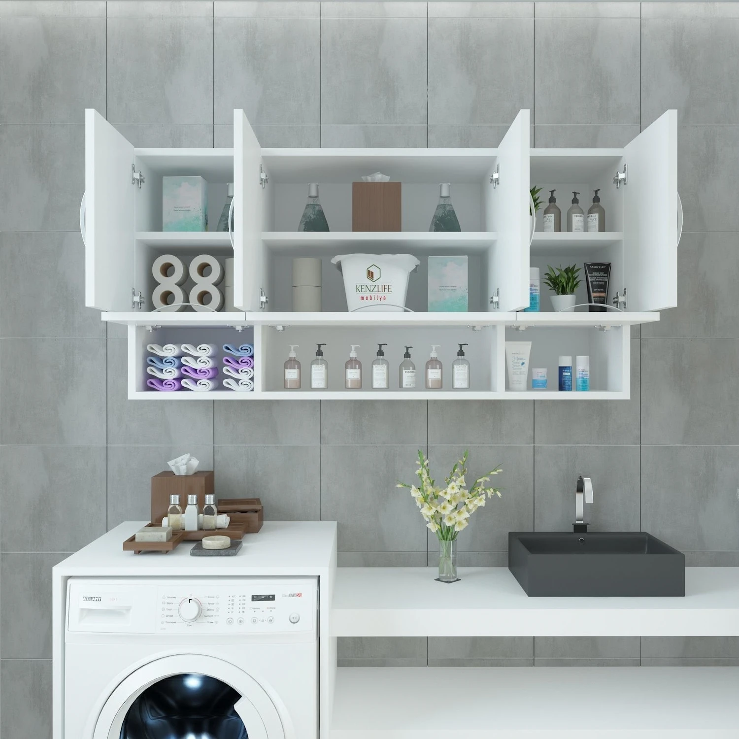 Defolu uygun banyo dolabı 120×22 hazır mutfak tarzında